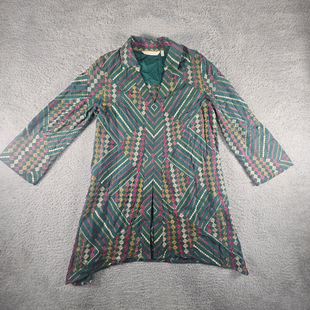Soft Surroundings Top Womens XS Embroidered Geometric Lagenlook Artsy Boho Tunic